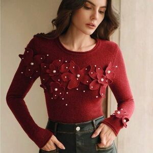 Red Floral Embellished Sweater